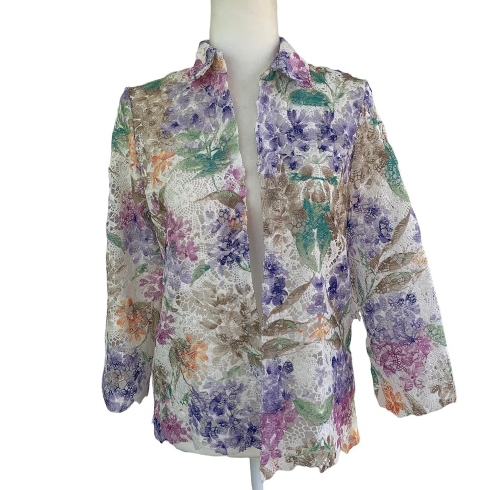 Alfred Dunner Sheer Woven Lace Style Top with Colorful Over-dye Print